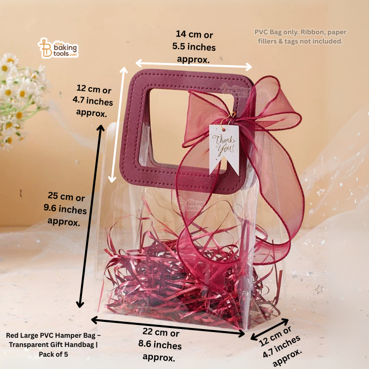 Red large PVC hamper bag with transparent gift handbag, dimensions shown, on a beige background.
