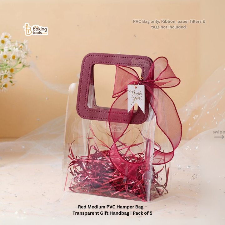 Red Medium PVC Hamper Bag – Transparent Gift Handbag | Pack of 5