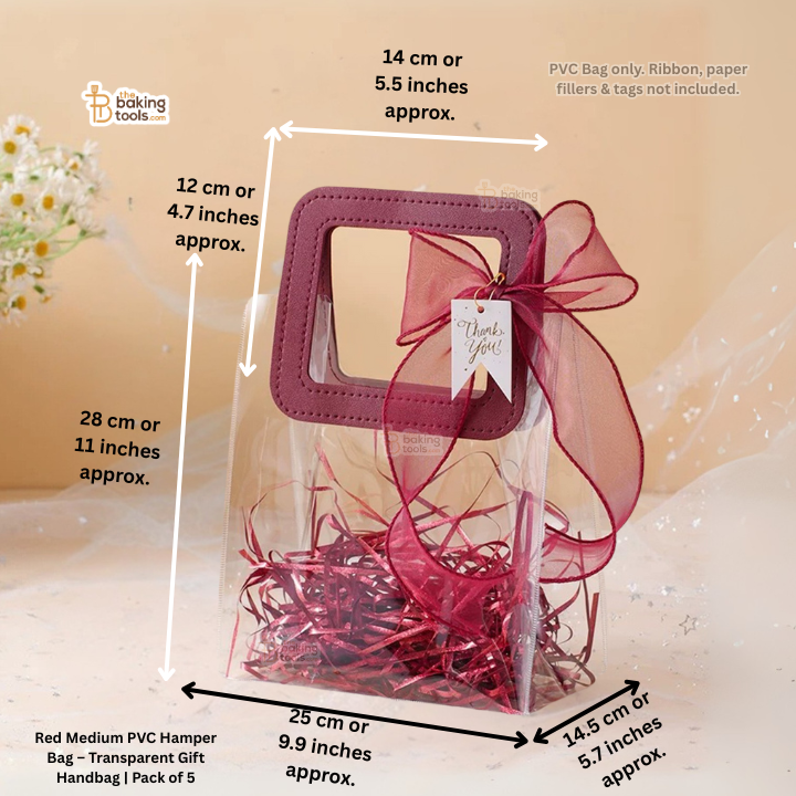 Red Medium PVC Hamper Bag – Transparent Gift Handbag | Pack of 5