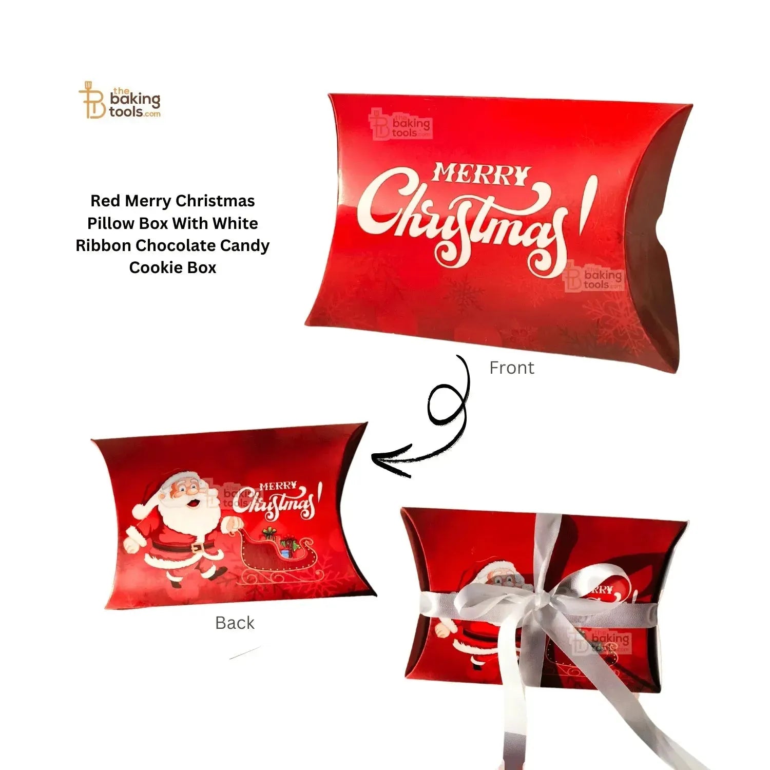Red Merry Christmas Pillow Box With White Ribbon Chocolate Candy Cookie Box - Pack Of 10 Pcs - thebakingtools.com