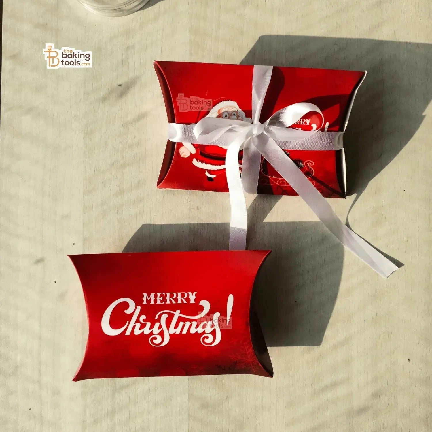 Red Merry Christmas Pillow Box With White Ribbon Chocolate Candy Cookie Box - Pack Of 10 Pcs - thebakingtools.com