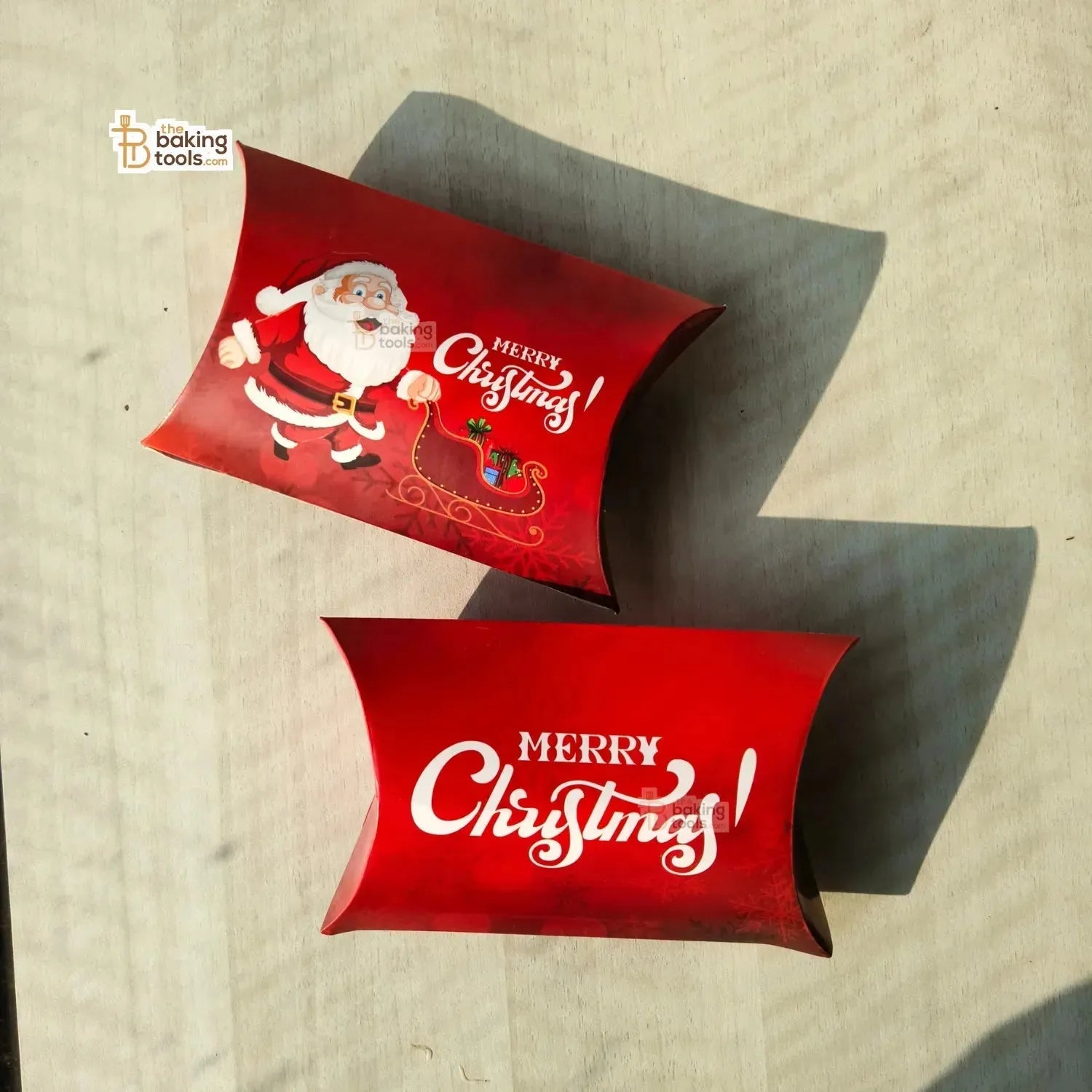 Red Merry Christmas Pillow Box With White Ribbon Chocolate Candy Cookie Box - Pack Of 10 Pcs - thebakingtools.com