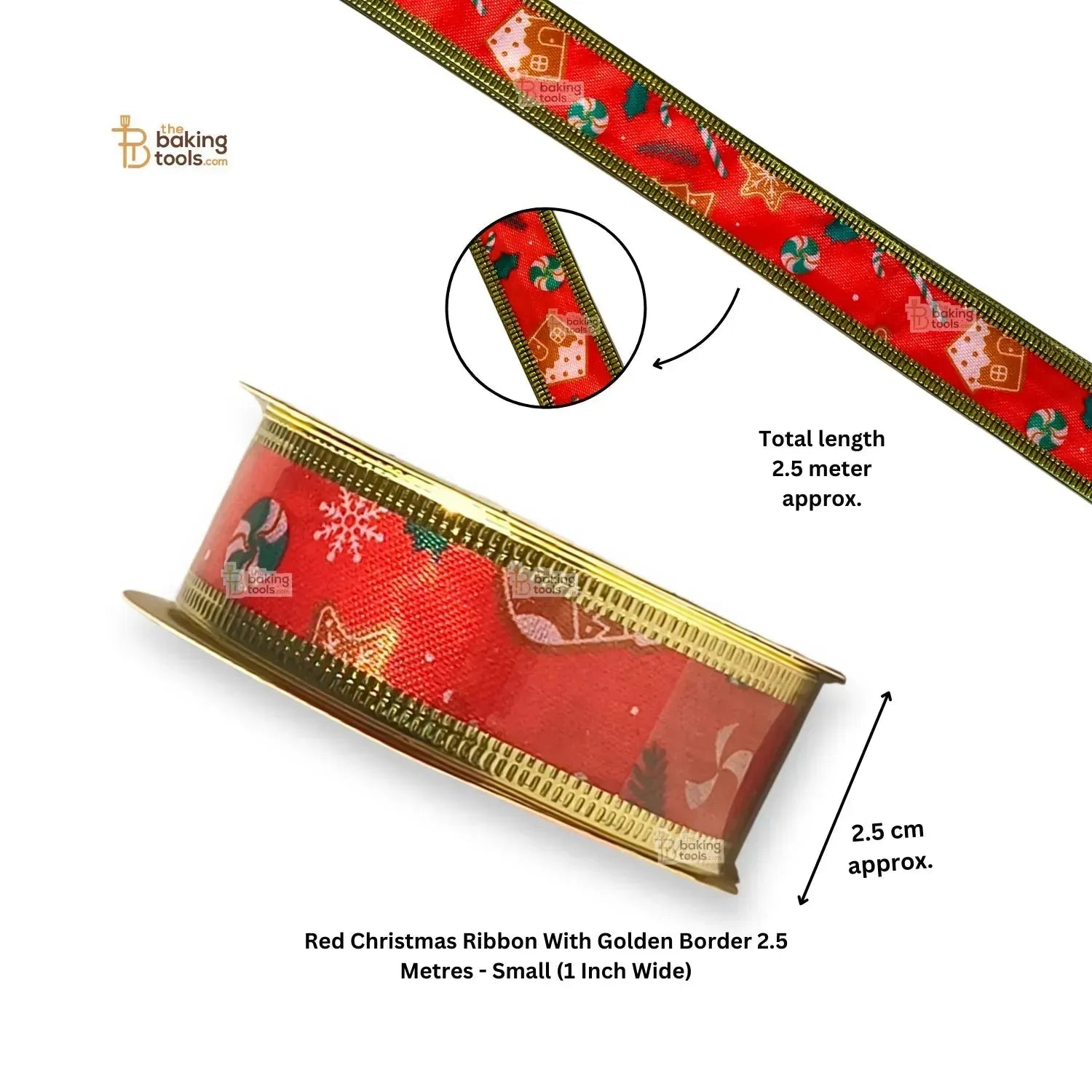 Red Christmas Ribbon With Golden Border 2.5 Metres - Small (1 Inch Wide) - thebakingtools.com