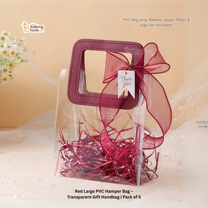Red large PVC hamper bag with a ribbon and tag on a beige background