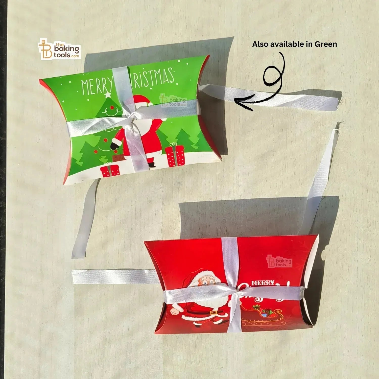 Red Merry Christmas Pillow Box With White Ribbon Chocolate Candy Cookie Box - Pack Of 10 Pcs - thebakingtools.com