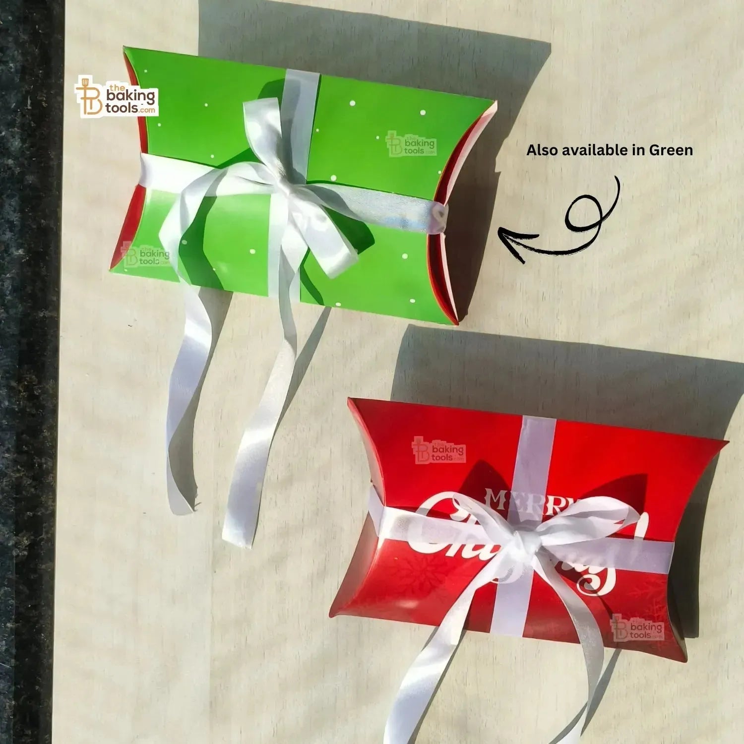 Red Merry Christmas Pillow Box With White Ribbon Chocolate Candy Cookie Box - Pack Of 10 Pcs - thebakingtools.com