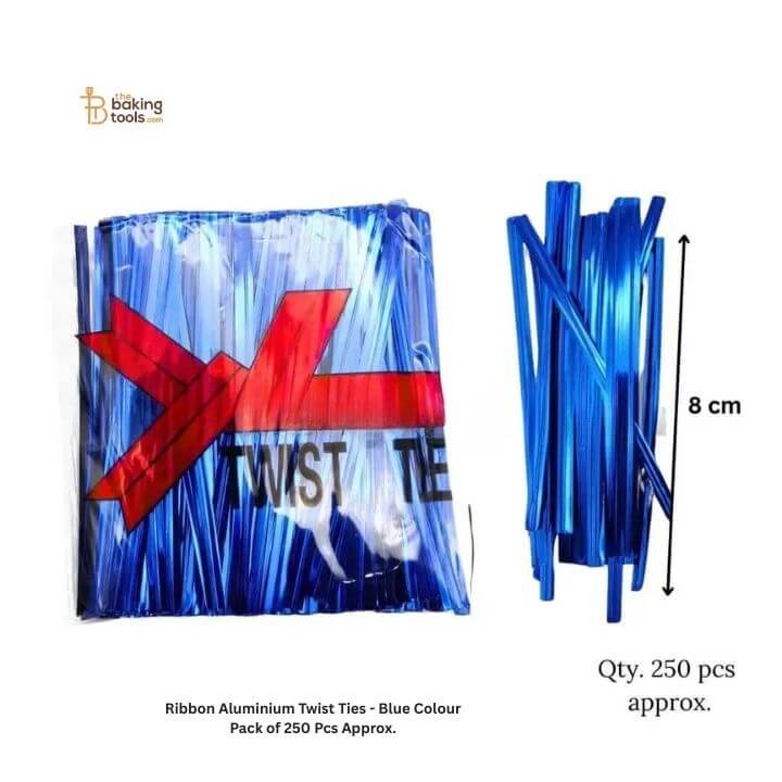 Pack of blue ribbon aluminium twist ties with packaging and dimensions displayed.