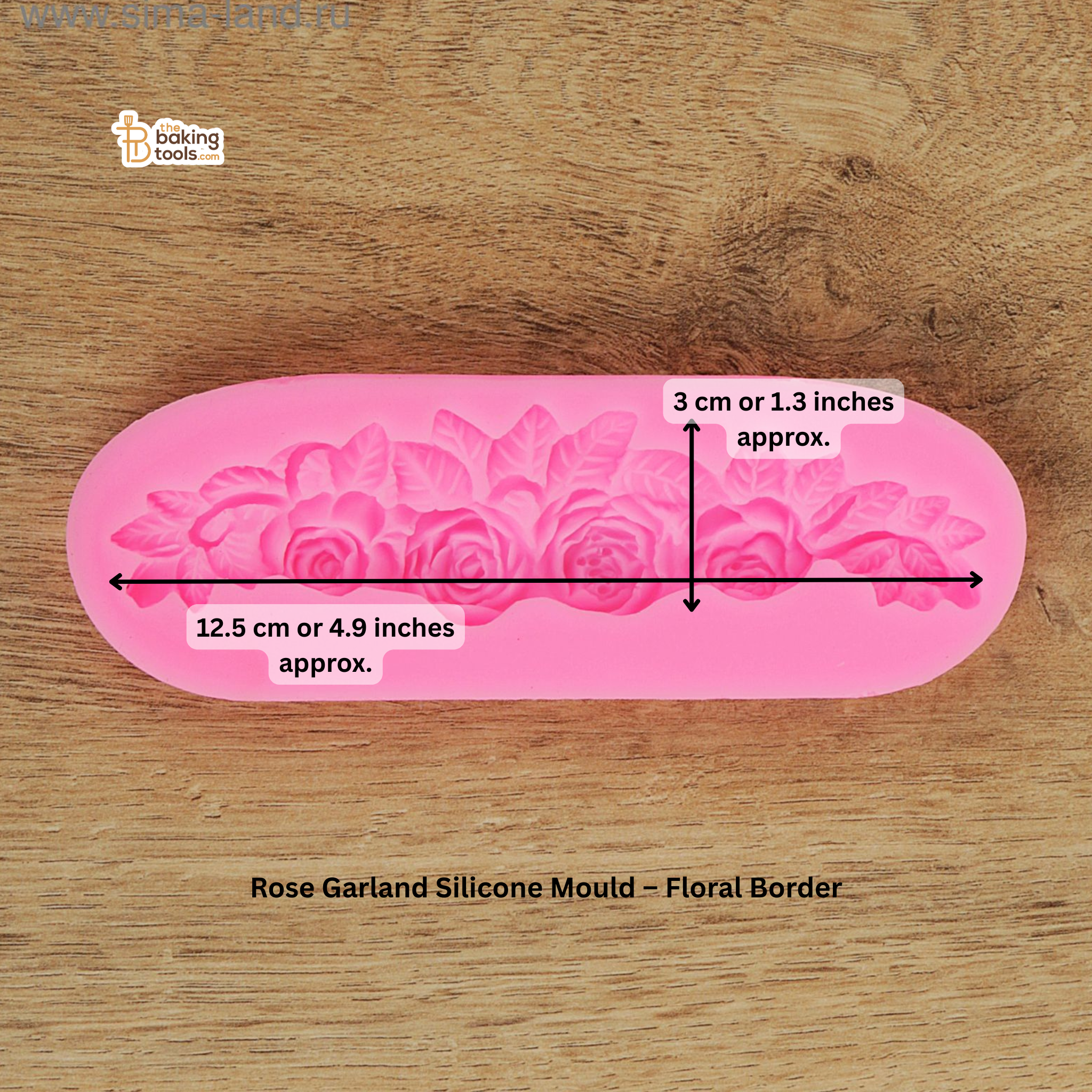 Rose Garland Silicone Mould on a wooden surface with measurements and branding.