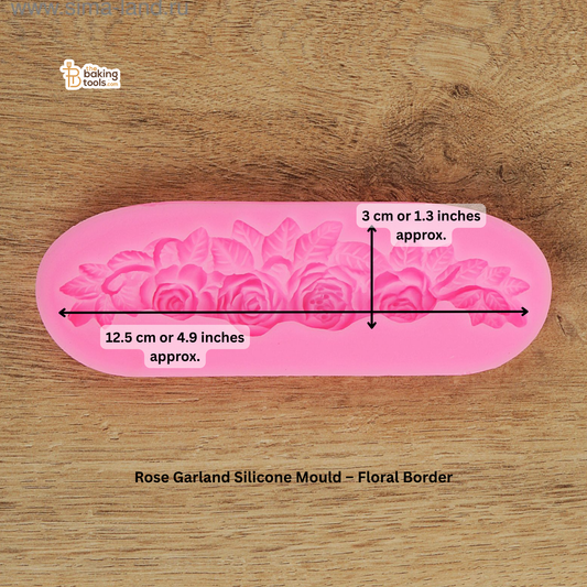 Rose Garland Silicone Mould on a wooden surface with measurements and branding.