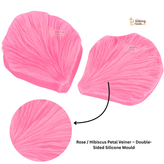Pink silicone petal veiner mold on a white background