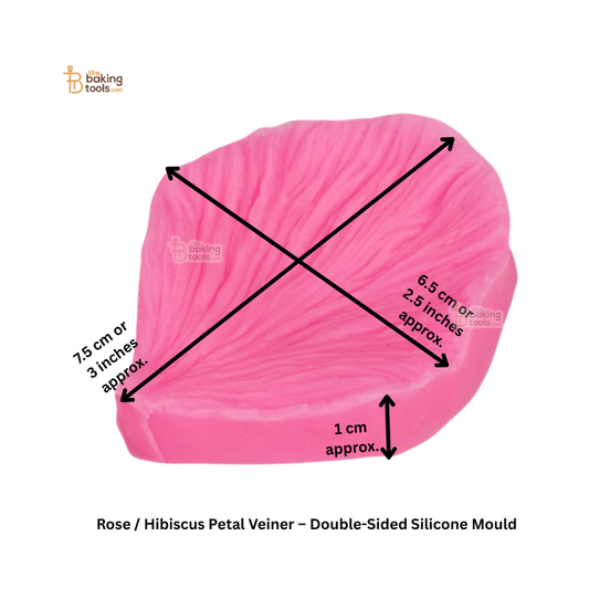 Pink silicone mould shaped like a rose or hibiscus petal with measurements on a white background.