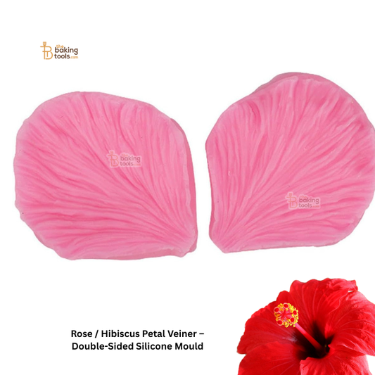 Two pink silicone petal veiners with a red hibiscus flower on a white background.