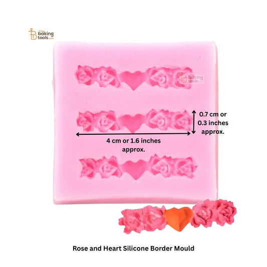 Rose and heart silicone border mould with measurements on a white background