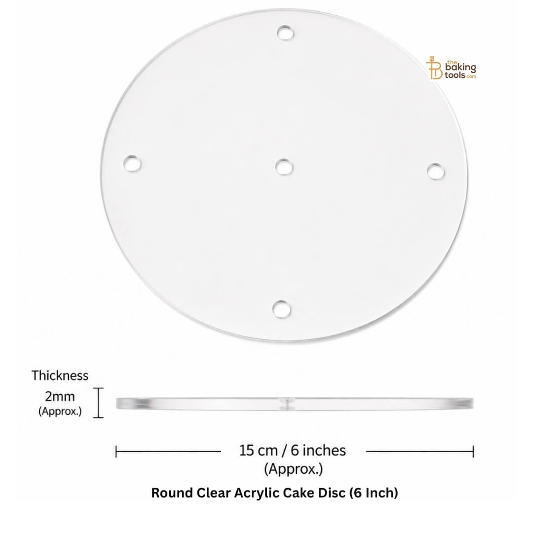 Round Clear Acrylic Cake Disc (15 cm / 6 Inch) – 2 mm Transparent Acrylic Plate with 5 Holes with measurements