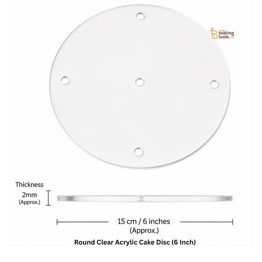 Round Clear Acrylic Cake Disc (15 cm / 6 Inch) – 2 mm Transparent Acrylic Plate with 5 Holes with measurements