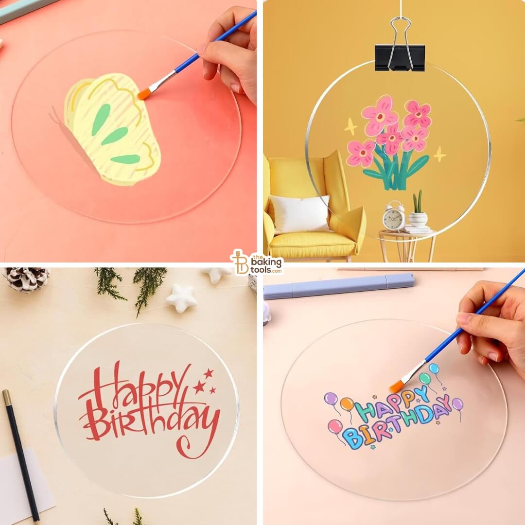Round Clear Acrylic Cake Disc (15 cm / 6 Inch) – 2 mm Transparent Acrylic Plate with 5 Holes with painting