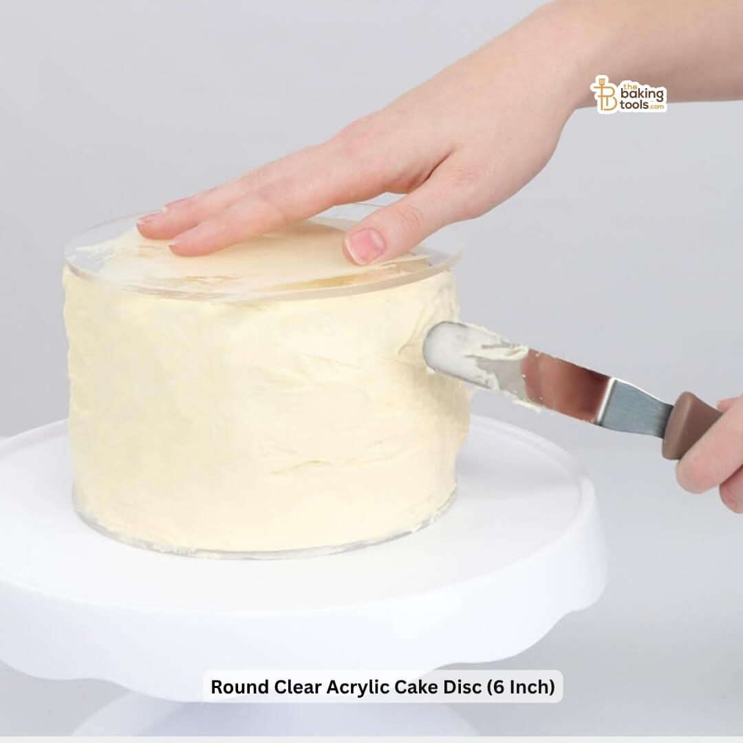 Round Clear Acrylic Cake Disc (15 cm / 6 Inch) – 2 mm Transparent Acrylic Plate with 5 Holes with icing demonstration with icing knife