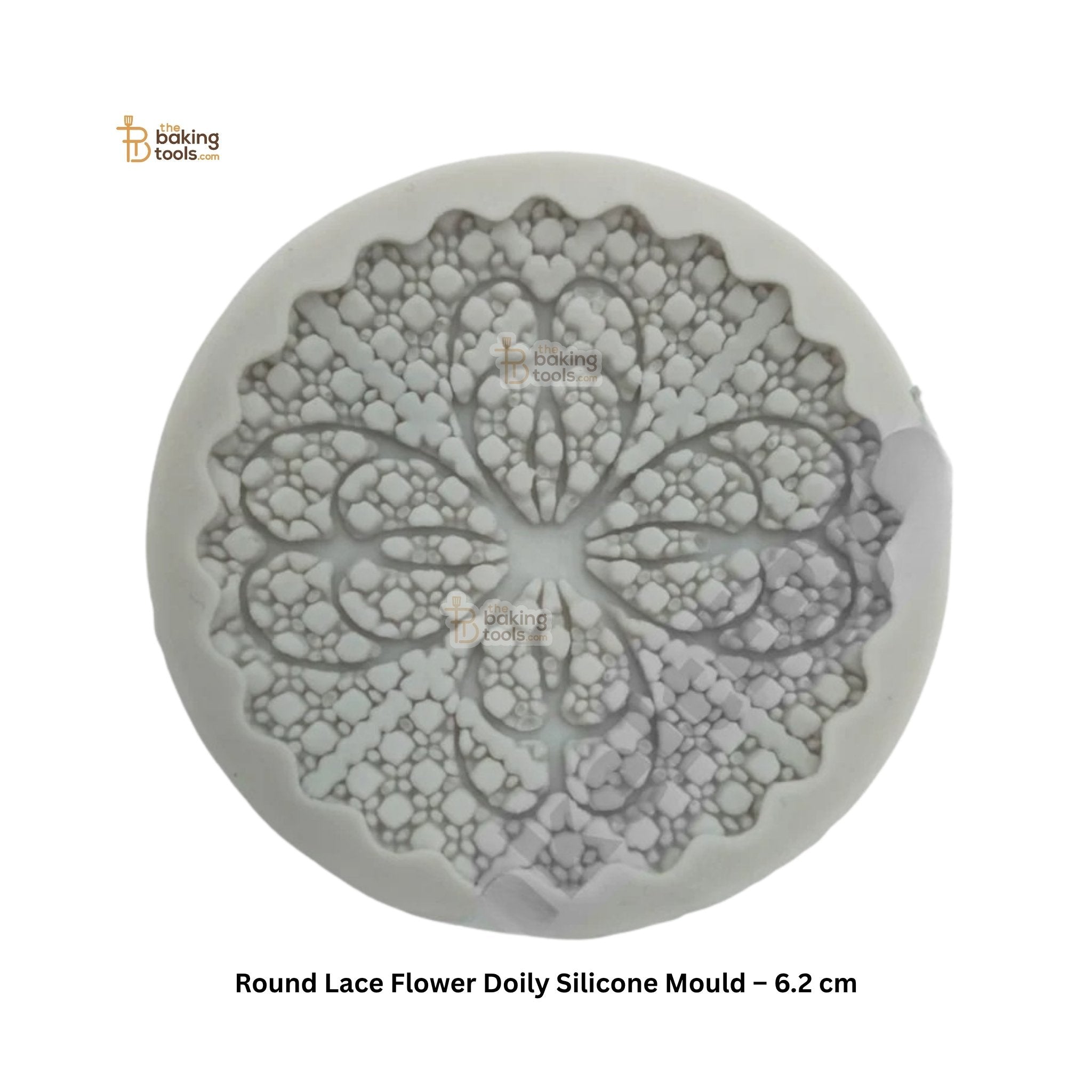 Round lace flower doily silicone mould on a white background