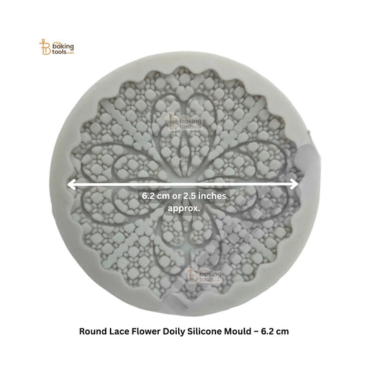 Round lace flower doily silicone mould with measurements on a white background