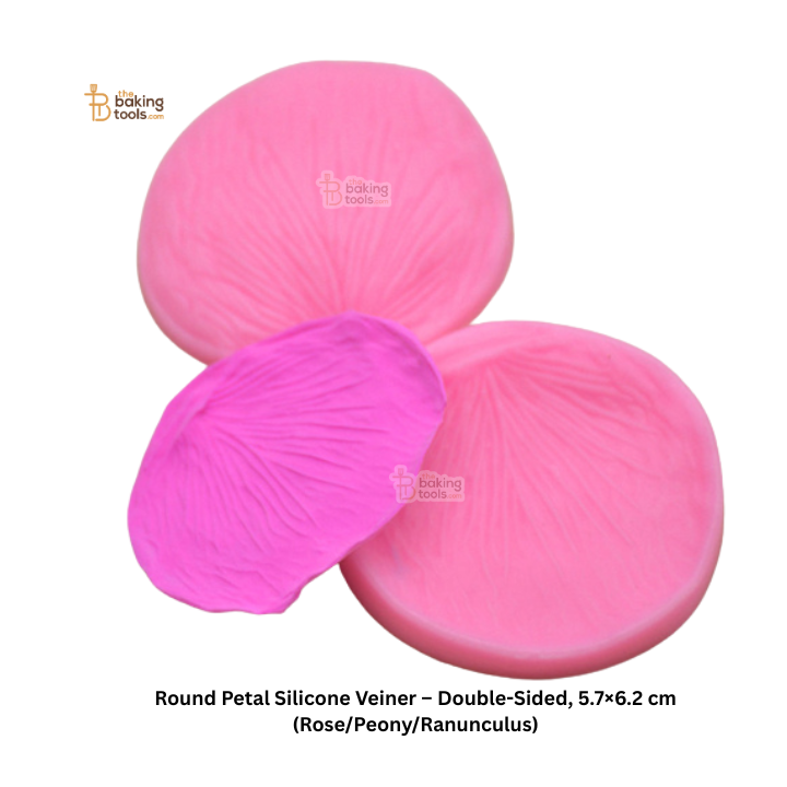 Round petal silicone veiner with pink rose, peony, and ranunculus designs on a white background.
