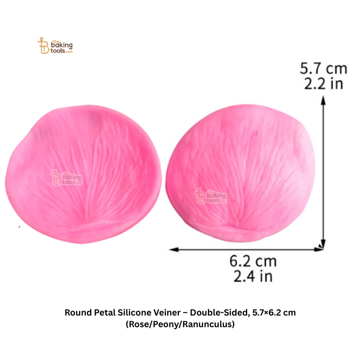 Two pink round petal silicone veiners with dimensions on a white background