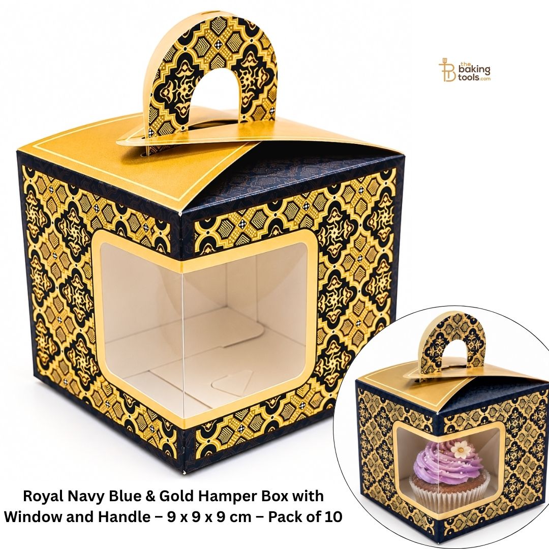 Royal Navy Blue & Gold Hamper Box with Window and Handle – 9 x 9 x 9 cm – Pack of 10