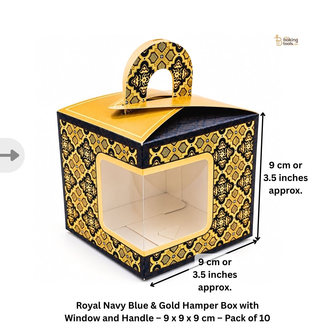 Royal Navy Blue & Gold Hamper Box with Window and Handle – 9 x 9 x 9 cm – Pack of 10