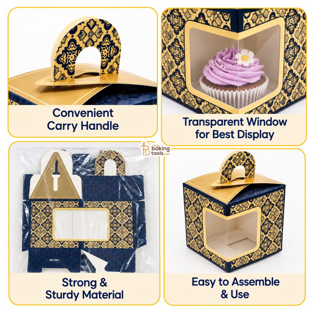 Royal Navy Blue & Gold Hamper Box with Window and Handle – 9 x 9 x 9 cm – Pack of 10