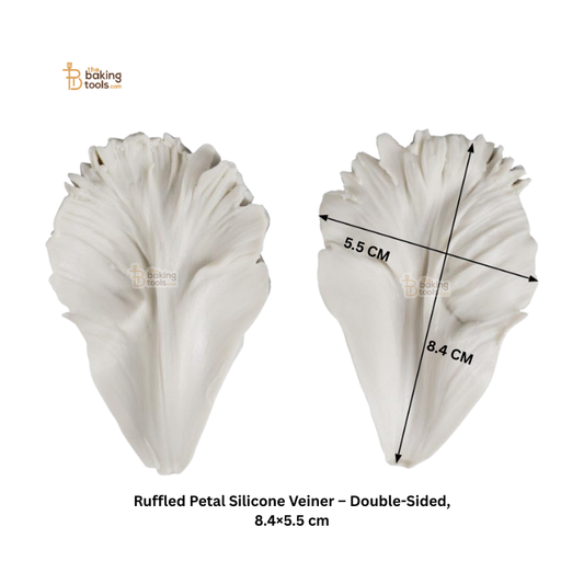 Ruffled petal silicone veiner with dimensions on a white background