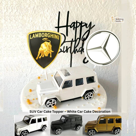 SUV car cake topper with Lamborghini and Mercedes-Benz logos on a white background