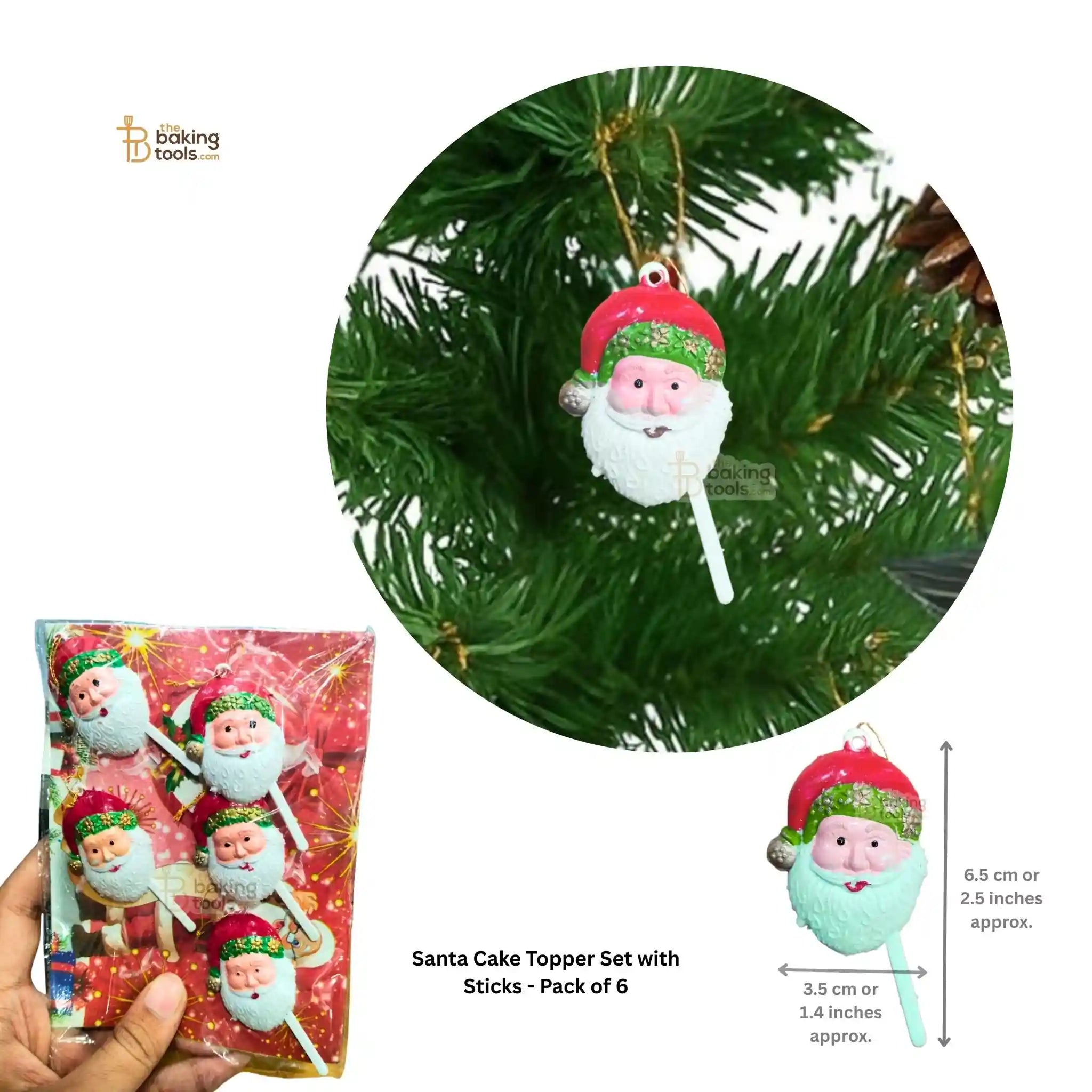 Six red and green Santa toppers with white sticks for Christmas cakes
