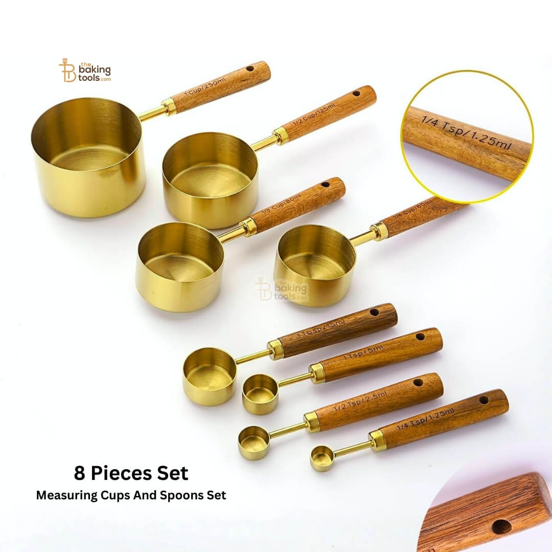 Satinsless Steel Measuring Cups and Spoons with Wooden Handle Set of 8, Golden Polished Finish