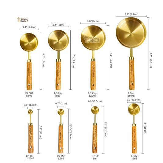 8 pcs Set of gold measuring spoons and cups, having wooden handles with dimensions