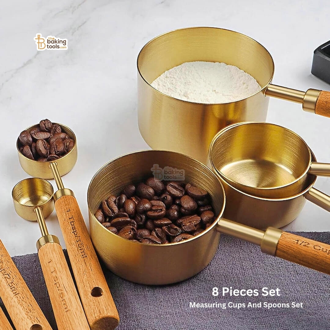 Application of Satinsless Steel Measuring Cupsand Spoons with Wooden Handle Set of 8, Golden Copper Polished Finish