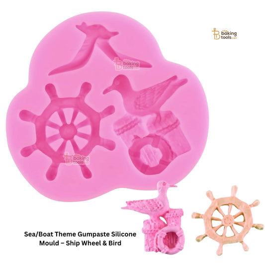 Pink silicone mold with sea-themed designs on a white background