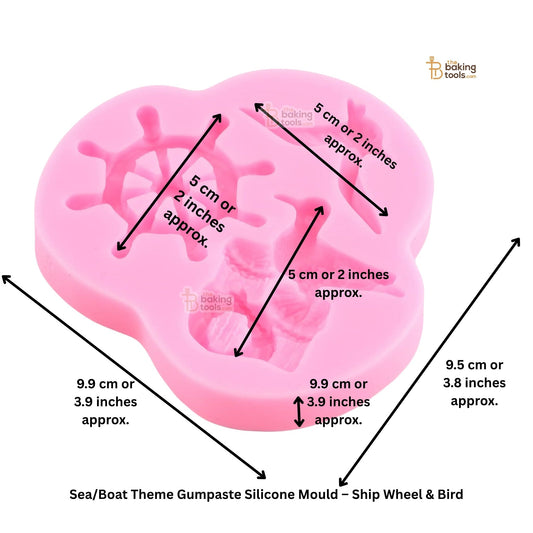 Pink gumpaste silicone mold with measurements and 'Baking Tools' branding