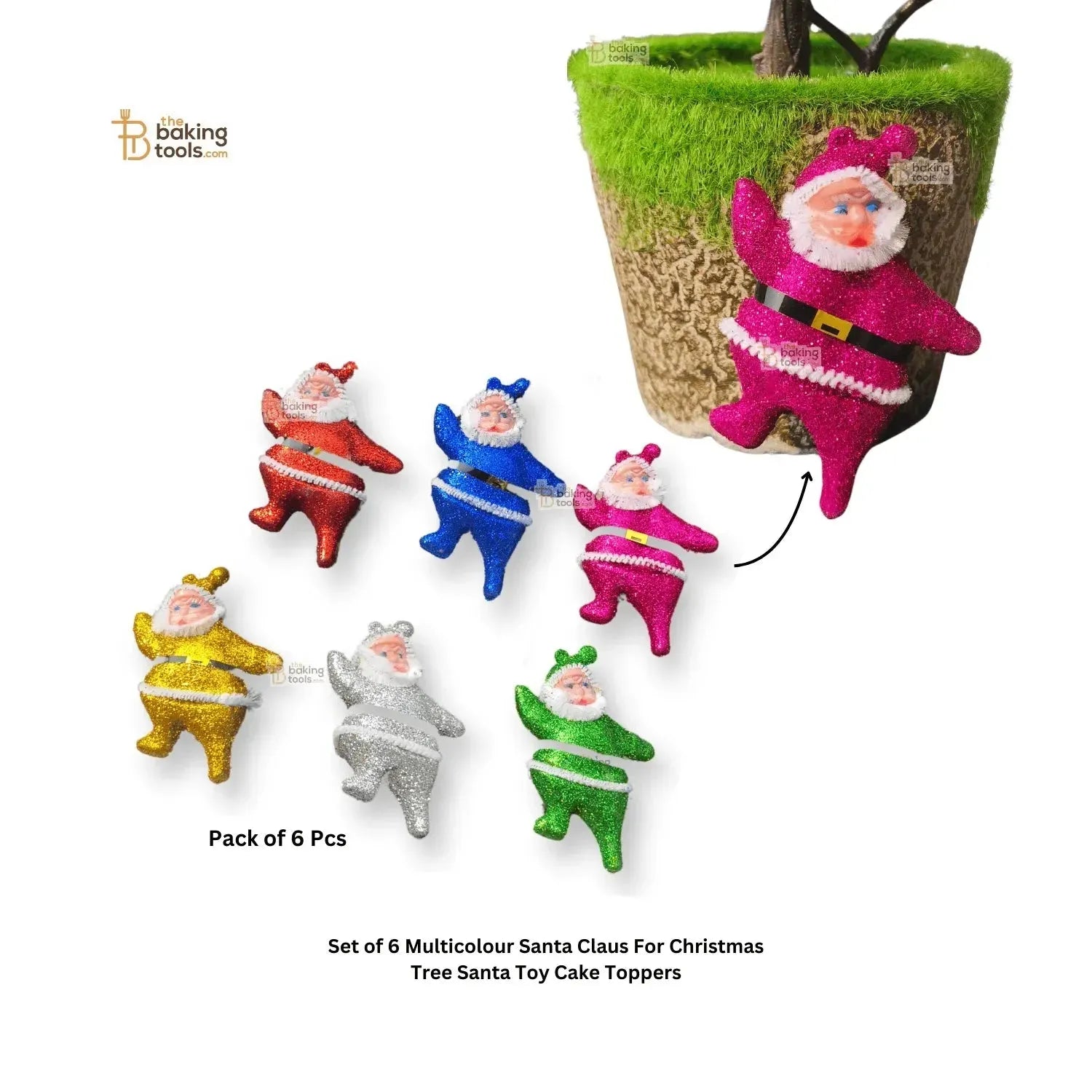 6 Pcs Multicolour Glitter Santa Claus Cake Topper Christmas Tree Hanging Ornament Decoration - thebakingtools.com