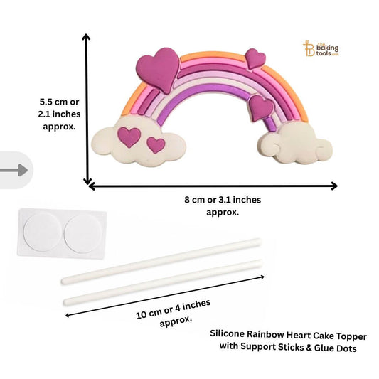 Silicone Rainbow Heart Cake Topper with Support Sticks & Glue Dots with dimensions