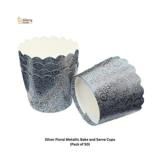 Silver Floral Metallic Bake and Serve Cups (Pack of 50) _  The Baking Tools