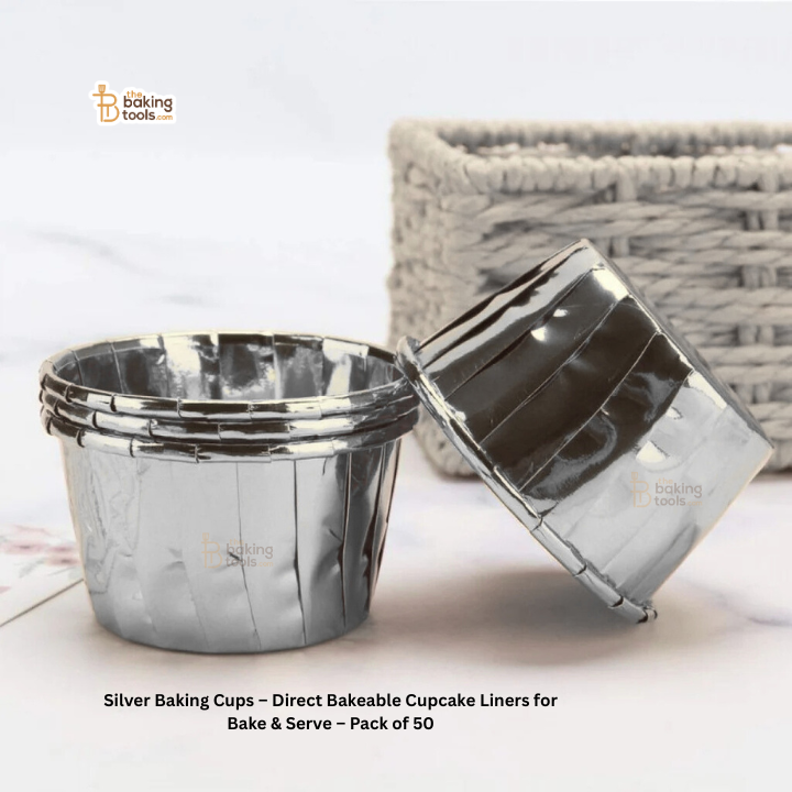 Silver Baking Cups – Direct Bakeable Cupcake Liners for Bake & Serve – Pack of 50