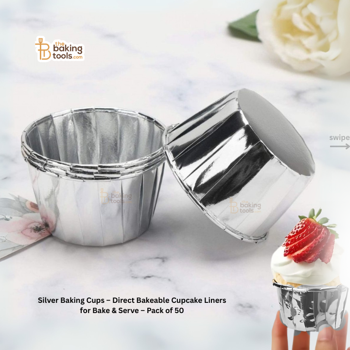 Silver Baking Cups – Direct Bakeable Cupcake Liners for Bake & Serve – Pack of 50