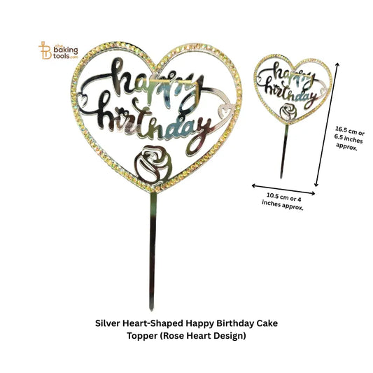 Silver Heart-Shaped Happy Birthday Cake Topper (Rose Heart Design) - thebakingtools.com
