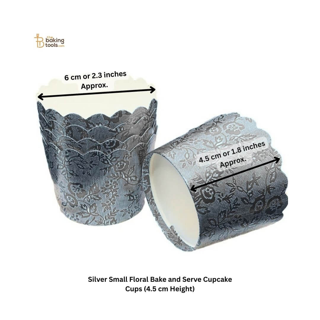 Silver floral metallic bake and serve cups with dimensions on a white background