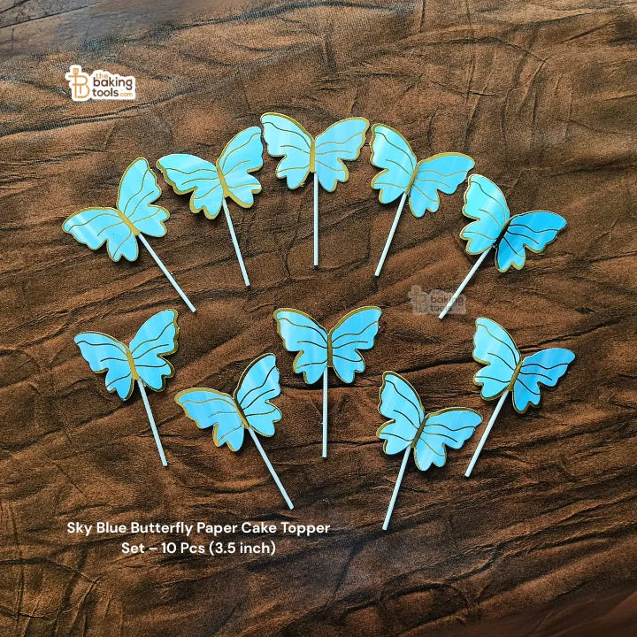 Sky Blue Butterfly Paper Cake Topper Set – 10 Pcs (3.5 inch) - 003