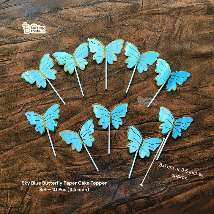 Sky Blue Butterfly Paper Cake Topper Set – 10 Pcs (3.5 inch) - 003