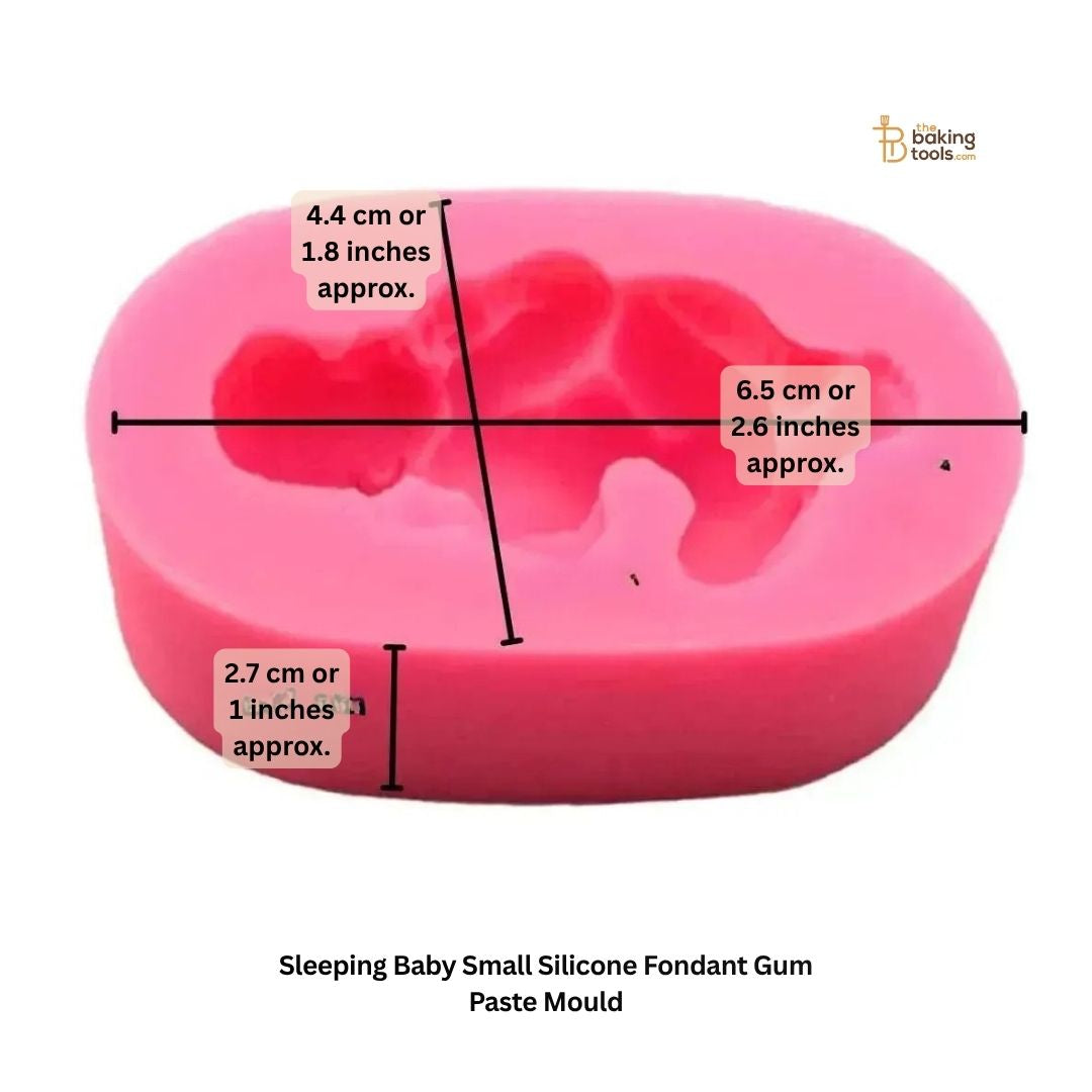 sleeping baby Pink silicone fondant gum paste mould with measurements on a white background