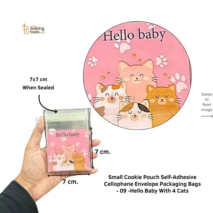 Small Cookie Pouch Self-Adhesive Cellophane Envelope Packaging Bags - 07 -Hello Baby With 4 Cats - thebakingtools.com