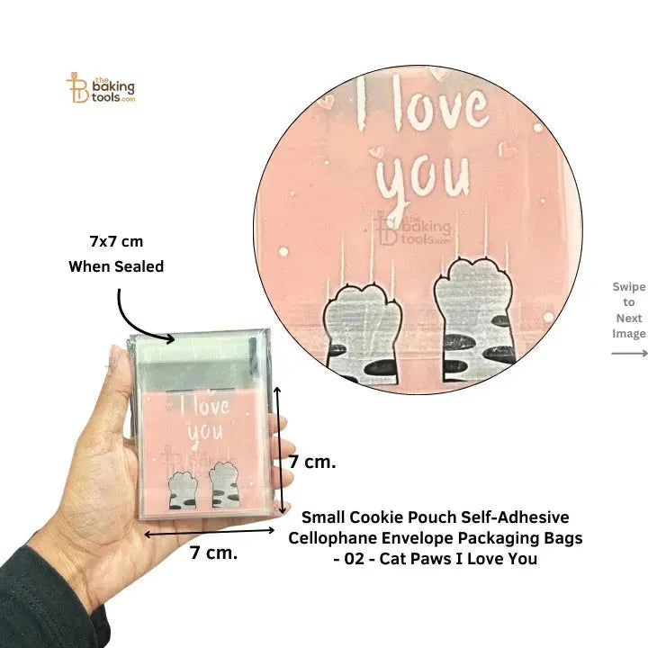 Small Cookie Pouch Self-Adhesive Cellophane Envelope Packaging Bags - 02 - Cat Paws I Love You - thebakingtools.com