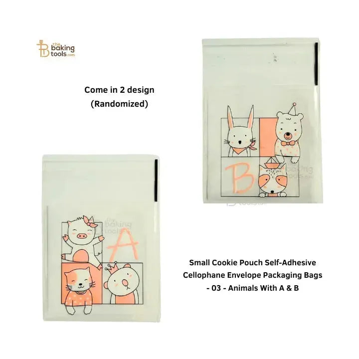 Small Cookie Pouch Self-Adhesive Cellophane Envelope Packaging Bags - 03 - Animals With A & B - thebakingtools.com