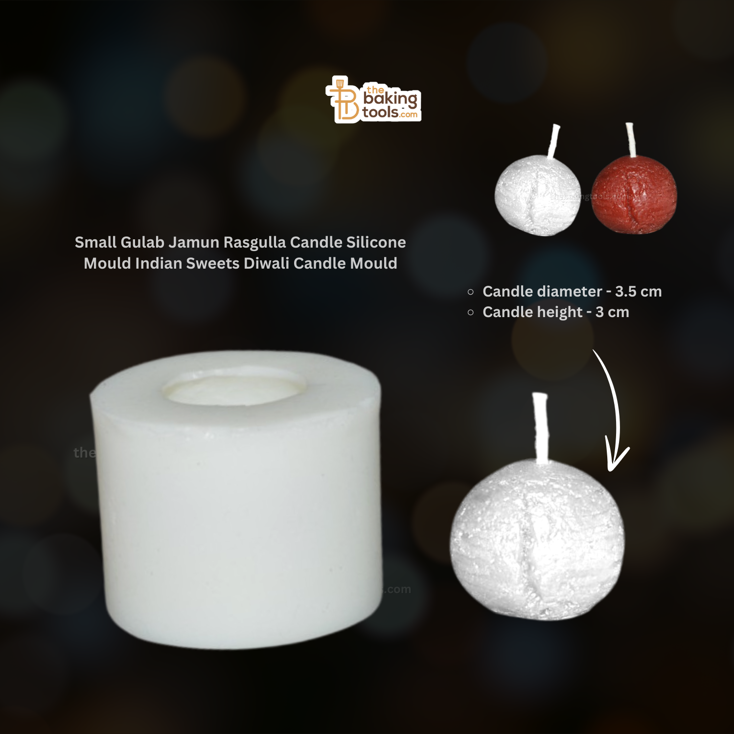 Small Gulab Jamun Rasgulla Candle Silicone Mould Indian Sweets Diwali Candle Mould _ the baking tools _ (Its an image of Small Gulab Jamun Rasgulla Candle Silicone Mould and Small Gulab Jamun Rasgulla Candle, also mentioning there size and name)